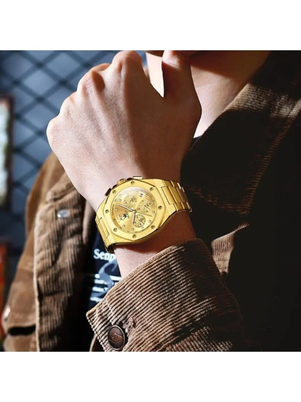 Men's Gold Luxury Stainless Octagon Analog Quartz Chronograph Waterproof Watch